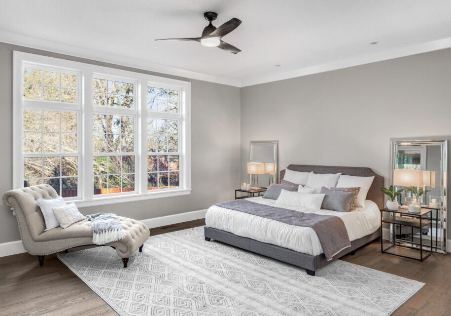 white and grey master bedroom